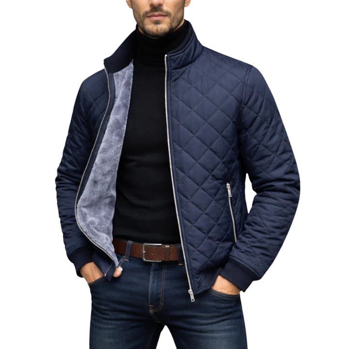 Giacca bomber uomo trapuntata calda con fodera in pelliccia sintetica. Stile versatile per autunno e inverno.