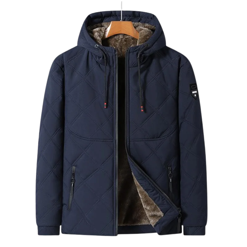 Giacca invernale trapuntata da uomo con cappuccio, zip completa. Calda e comoda per il freddo.