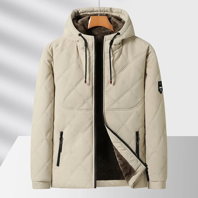 Giacca trapuntata invernale da uomo, con zip e cappuccio. Outerwear comodo e caldo per l'inverno.