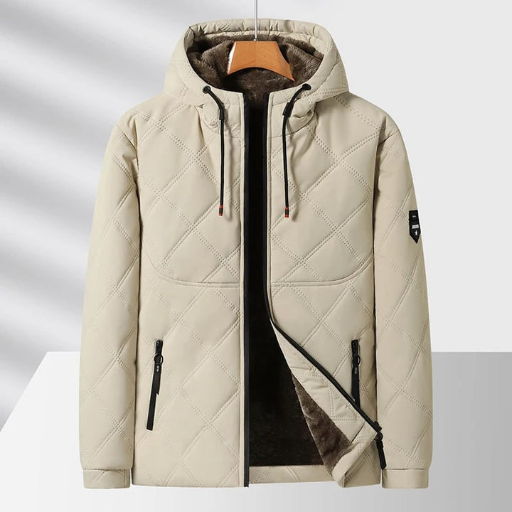Giacca trapuntata invernale da uomo, con zip e cappuccio. Outerwear comodo e caldo per l'inverno.