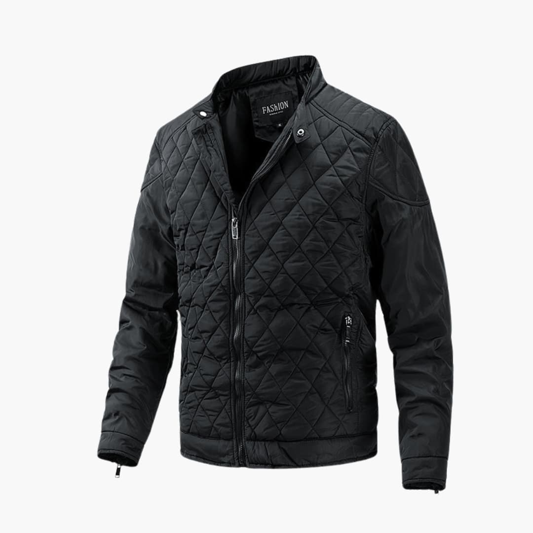 Giacca trapuntata uomo nera con collo alto, perfetta per l'autunno-inverno. Stile casual ed elegante.