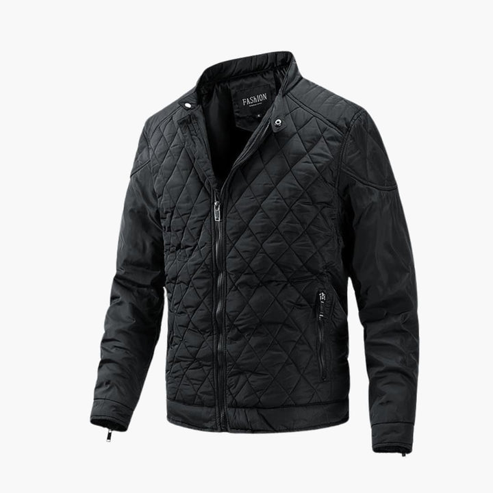 Giacca trapuntata uomo nera con collo alto, perfetta per l'autunno-inverno. Stile casual ed elegante.