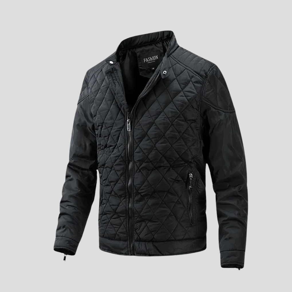 Giacca trapuntata uomo, cucitura diamante, collo rialzato. Stile smart casual elegante per autunno.