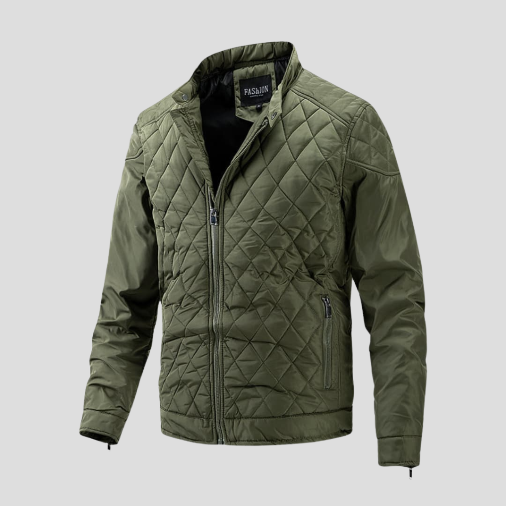Giacca uomo trapuntata, cucitura diamante, collo rialzato. Giubbotto autunnale elegante e versatile.