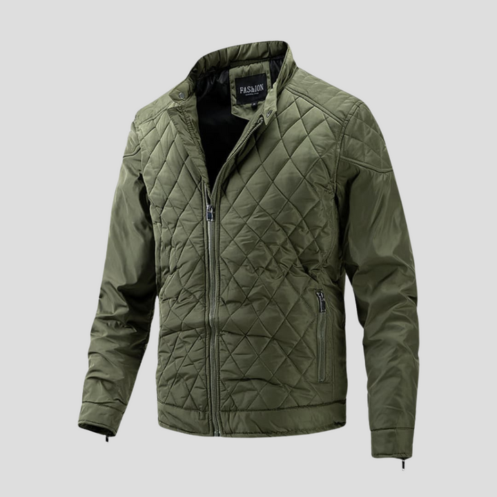 Giacca uomo trapuntata, cucitura diamante, collo rialzato. Giubbotto autunnale elegante e versatile.