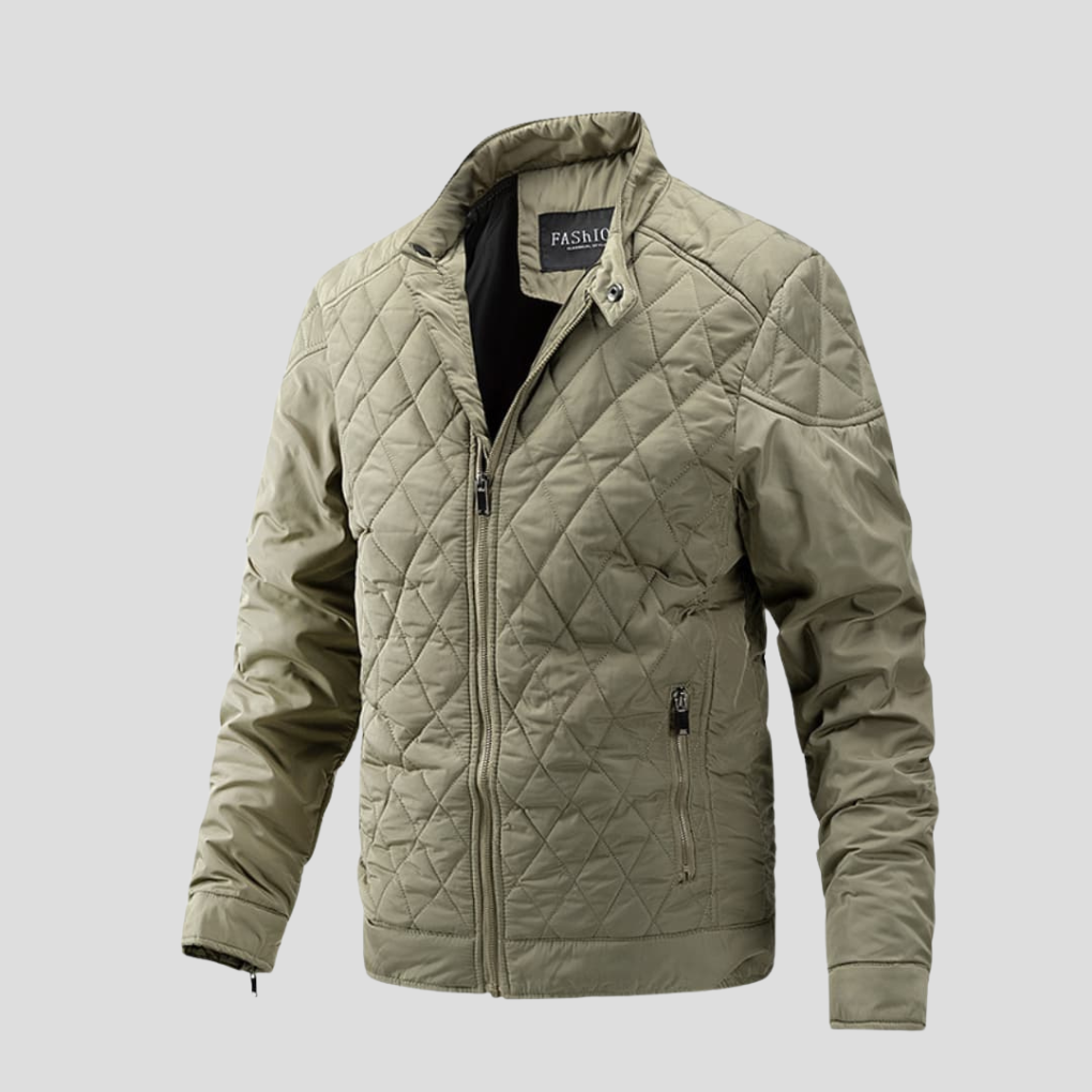 Giacca uomo autunnale, trapuntata, cuciture a diamante. Collo rialzato per un look smart casual e comfort.