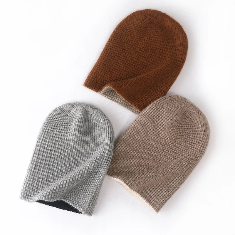 Elegante berretto unisex reversibile in cashmere, lavorato a costine, caldo e lussuoso per l'inverno.