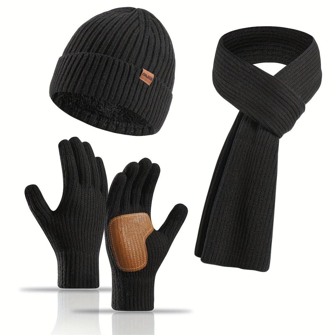 Set invernale uomo completo: sciarpa, guanti touchscreen e berretto in pile, ideale per il freddo.
