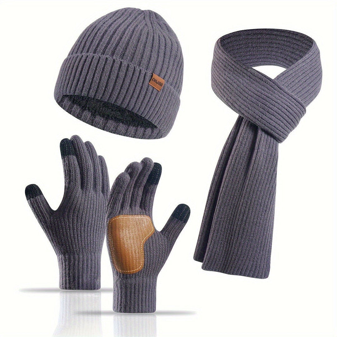 Set invernale uomo ultra caldo: sciarpa, guanti touchscreen e berretto in pile, perfetto per l'inverno rigido.