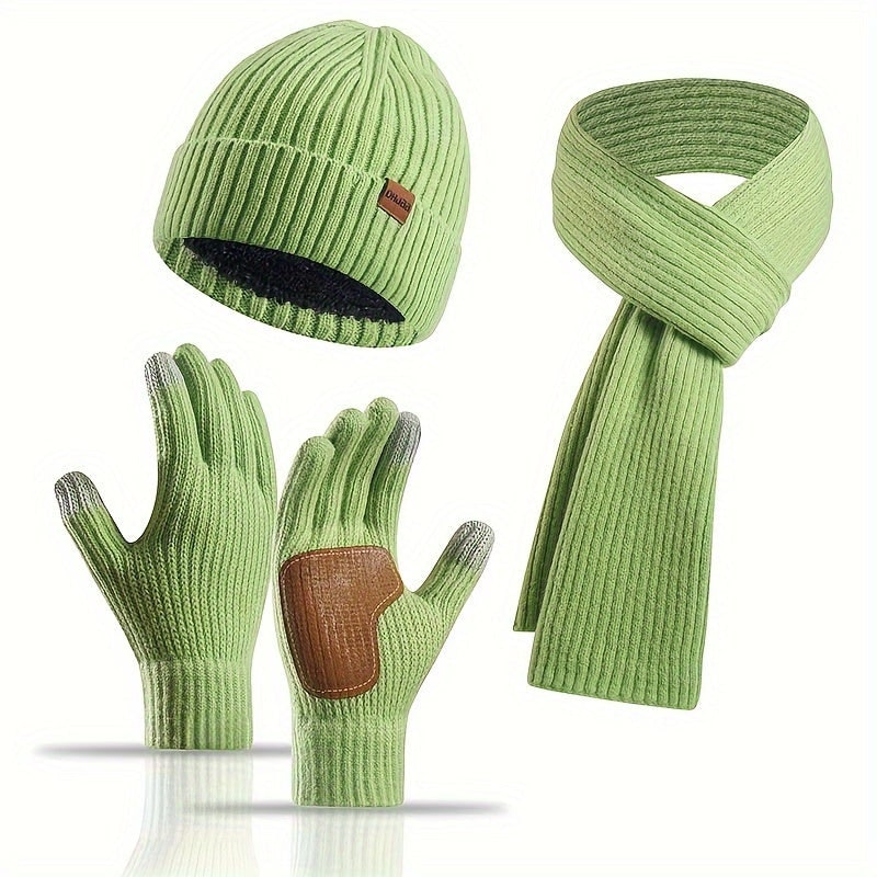 Set uomo in pile e maglia a coste: sciarpa, guanti touchscreen e berretto, comfort e stile invernale.