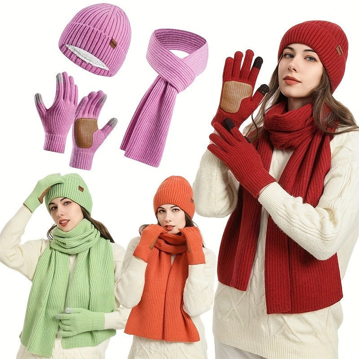 Idea regalo uomo: set invernale completo con sciarpa calda, guanti touchscreen e berretto in pile elegante.