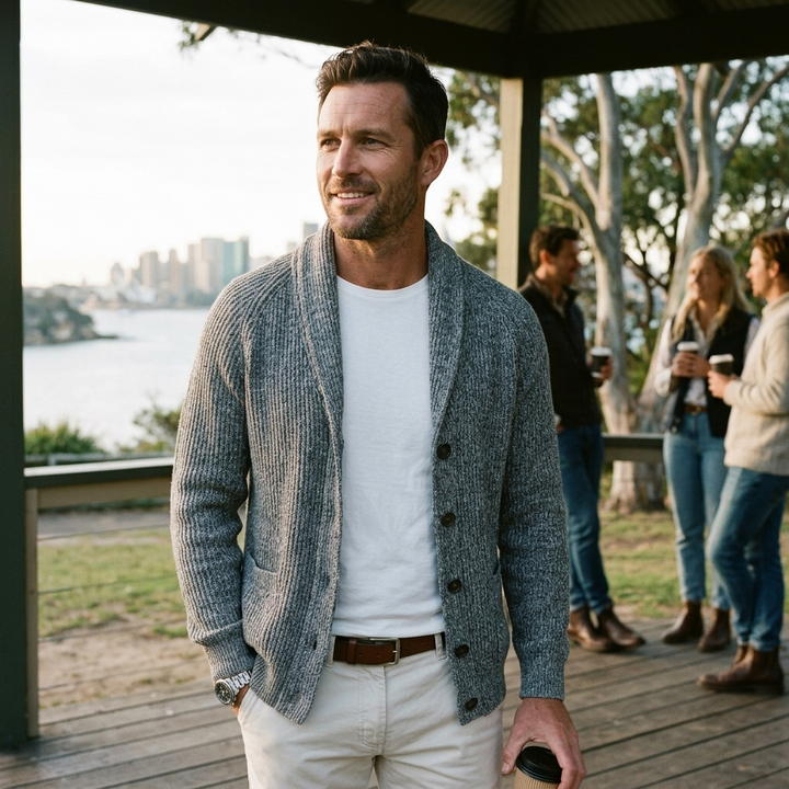 Cardigan da uomo per ogni occasione, collo a scialle, bottoni. La trama a coste è distintiva.