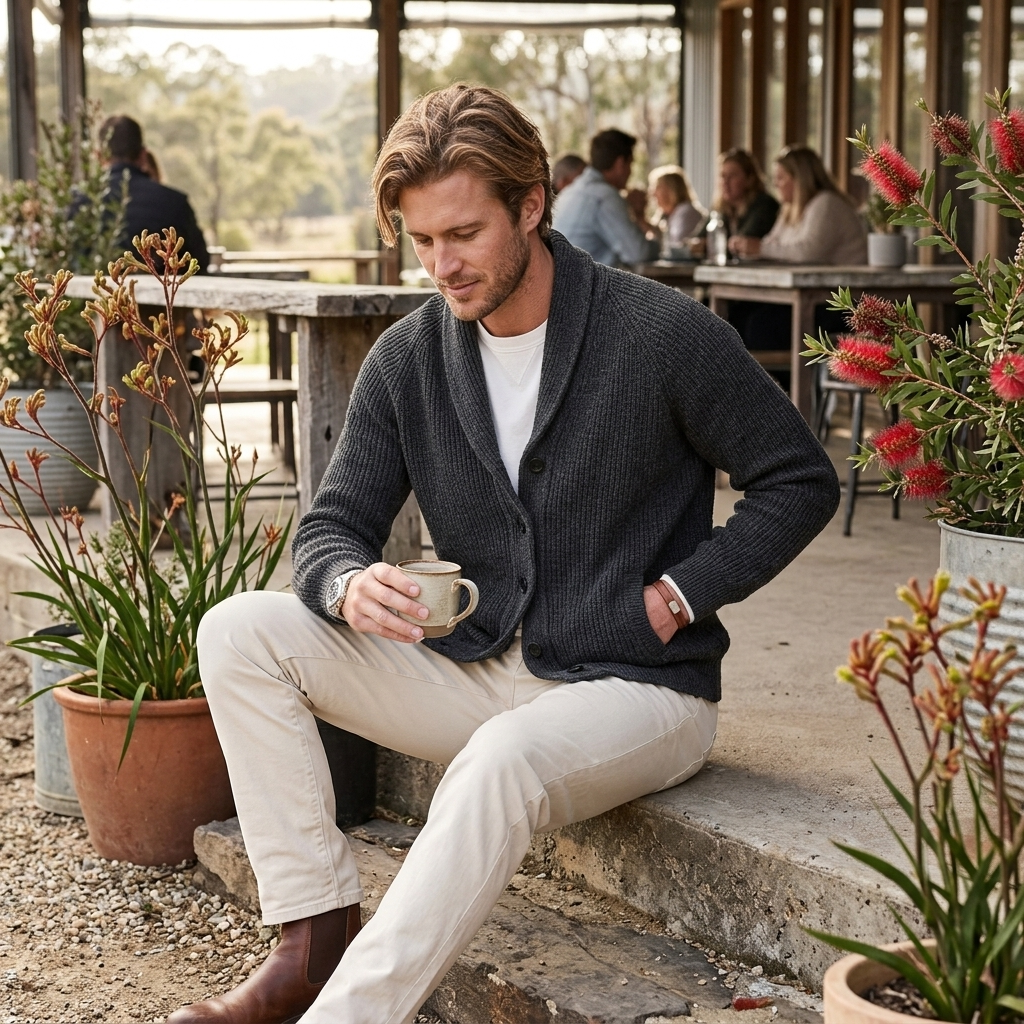 Cardigan uomo confortevole, ideale per stratificare. Collo a scialle, bottoni e design a coste.