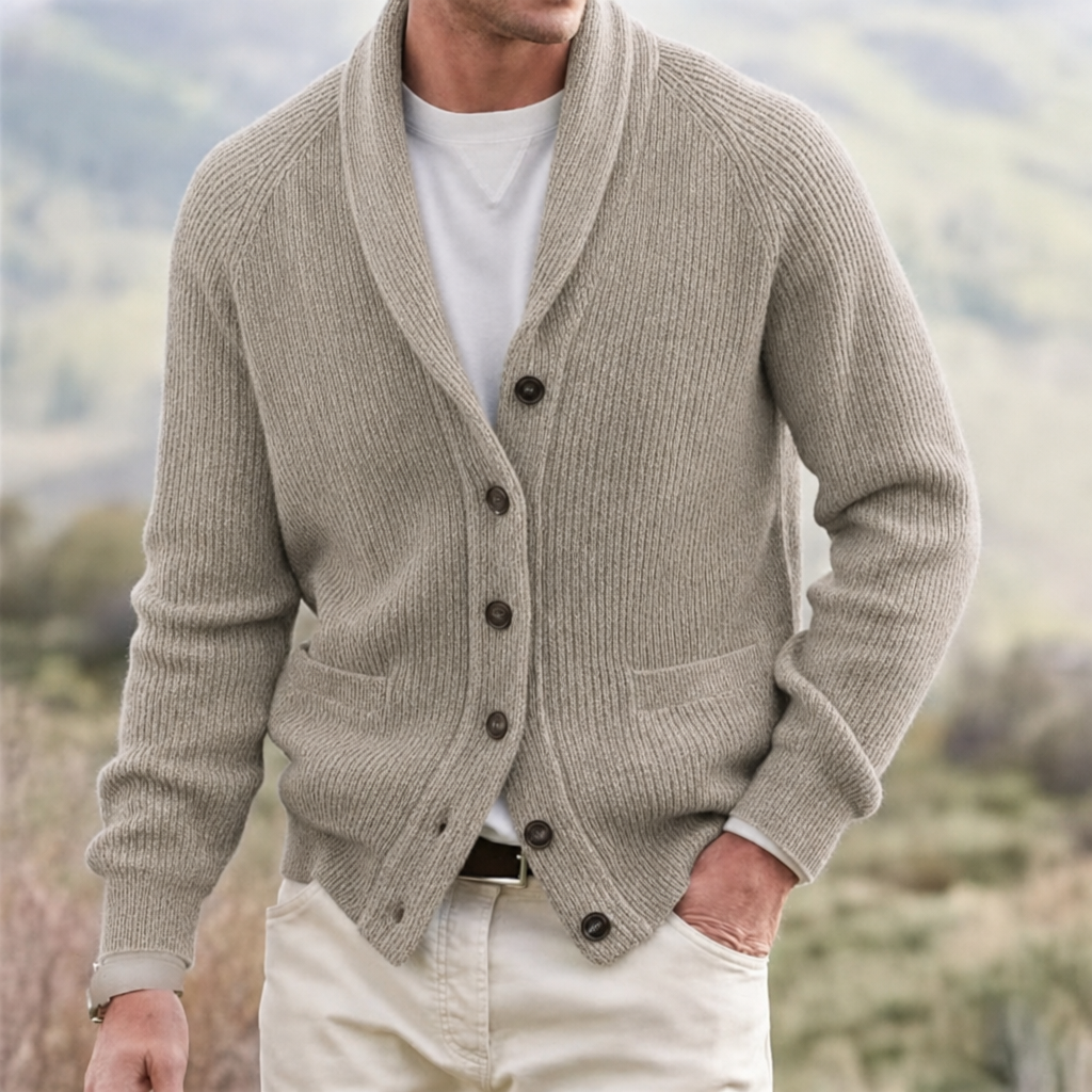 Cardigan da uomo per autunno/inverno, collo a scialle, bottoni. Perfetto per eleganza casual.