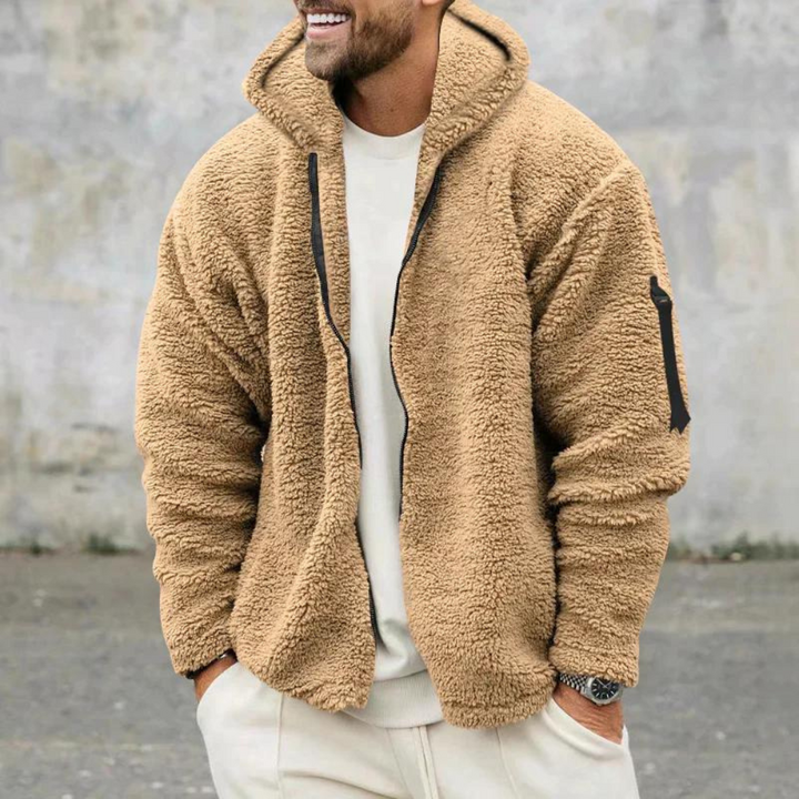 Chiusura full zip della giacca Sherpa da uomo con cappuccio, design pratico e caldo per affrontare il freddo invernale.
