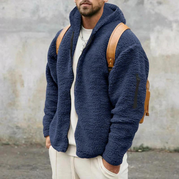 Giacca da uomo in Sherpa con cappuccio, perfetta per un look casual e caldo. Versatile per ogni avventura invernale.