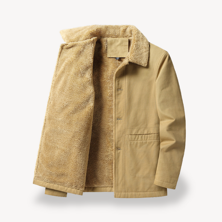 Giacca uomo invernale calda con bottoni, colletto pieghevole. Stile casual per moda uomo versatile.