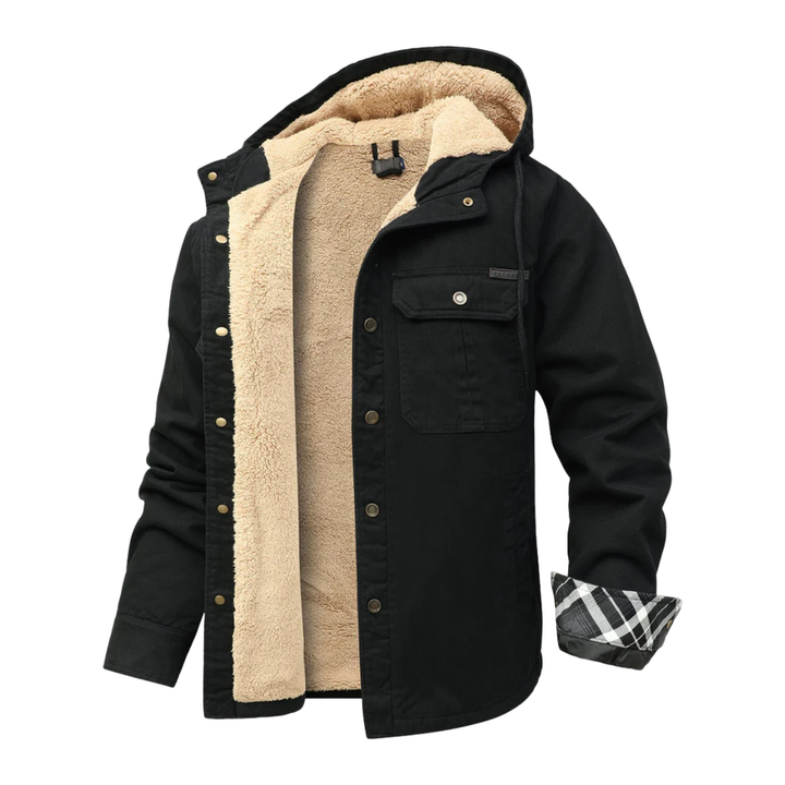 Giacca uomo invernale casual, calda, con cappuccio foderato e pratica chiusura a scatto. Stile e comfort.