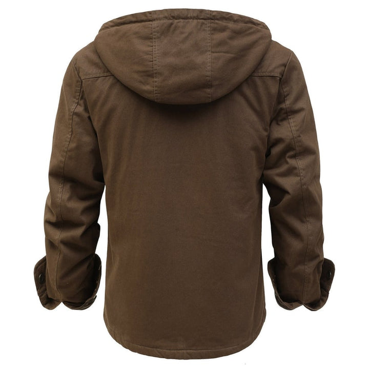 Giacca da uomo calda con cappuccio e chiusura a scatto. Capo esterno versatile per un look invernale confortevole.