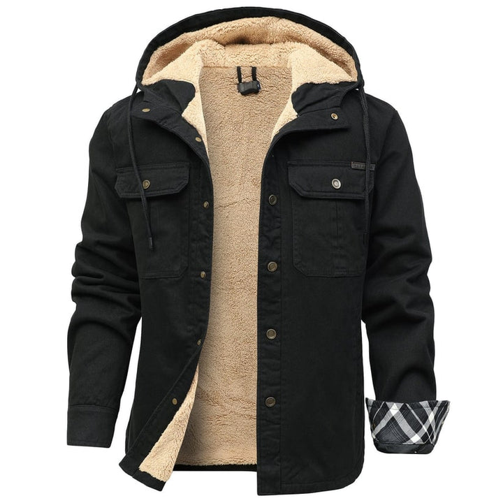 Moderna giacca da uomo invernale con cappuccio. Calda fodera, chiusura a scatto. Ideale per autunno/inverno.