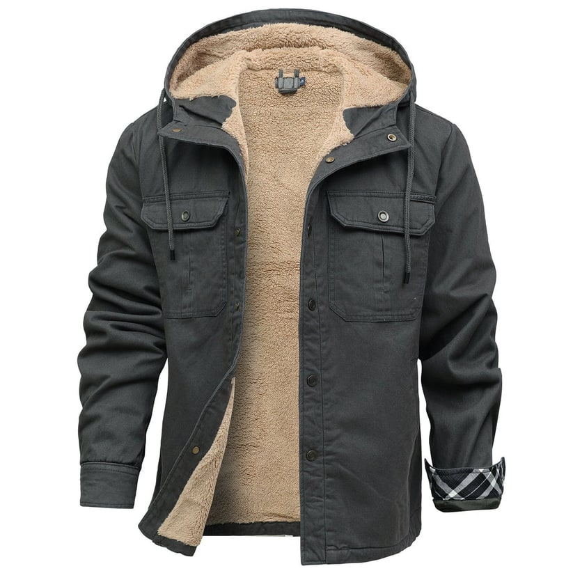 Capo esterno uomo: giacca invernale versatile con cappuccio, fodera calda e chiusura a scatto. Perfetta per il freddo.