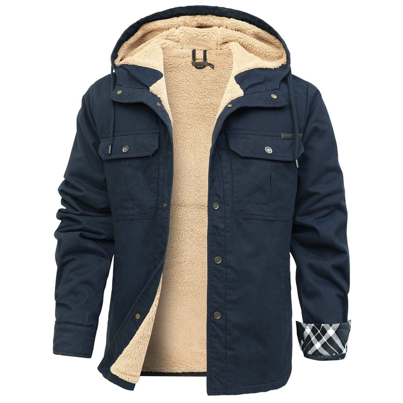 Giacca da uomo autunno/inverno con cappuccio, fodera calda e chiusura a scatto. Stile versatile e comfort.