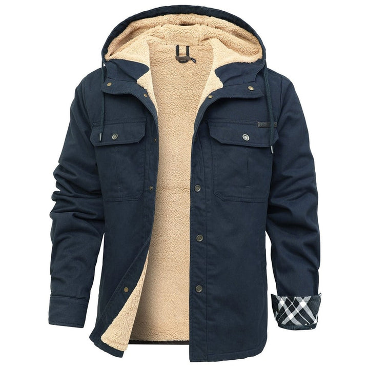 Giacca da uomo autunno/inverno con cappuccio, fodera calda e chiusura a scatto. Stile versatile e comfort.