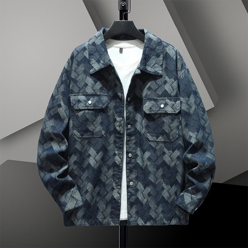 Giacca camicia uomo versatile blu con bottoni a pressione, perfetta per ogni stile casual.