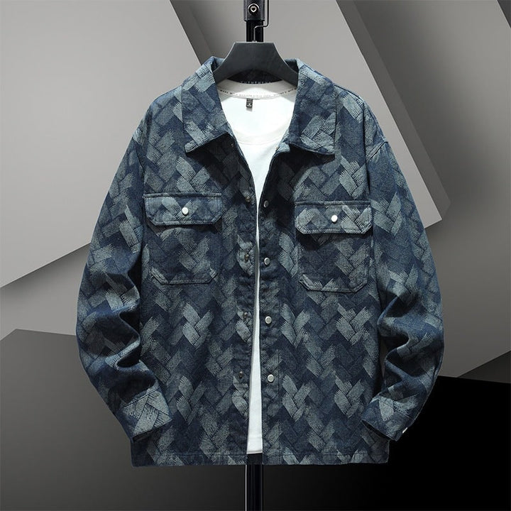 Giacca camicia uomo versatile blu con bottoni a pressione, perfetta per ogni stile casual.