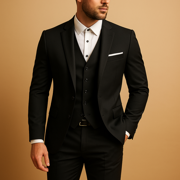 Completo uomo slim fit tre pezzi elegante con giacca, gilet e pantaloni. Ideale per matrimonio e occasioni formali.