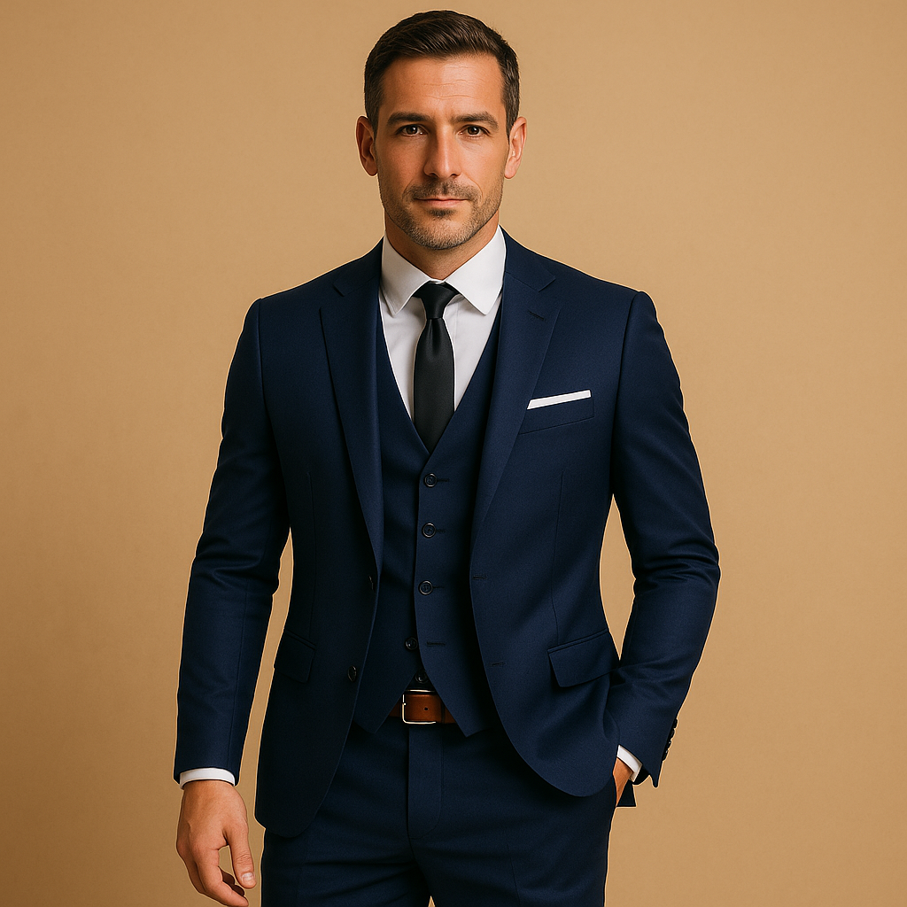 Completo slim fit tre pezzi per uomo moderno. Giacca, gilet e pantaloni per eleganza e occasioni speciali.