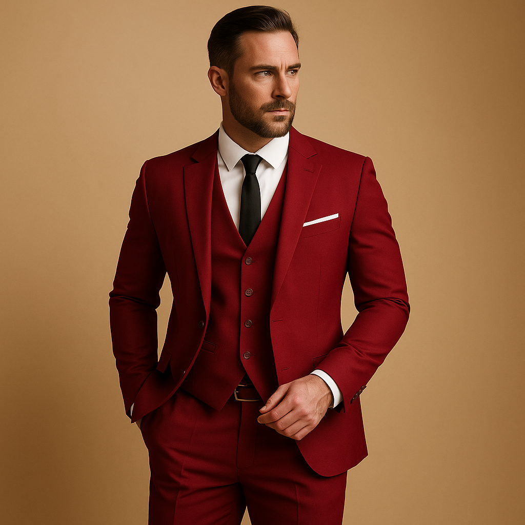 Set completo uomo slim fit: giacca, gilet e pantaloni con vestibilità aderente. Essenziale per eventi e moda maschile.