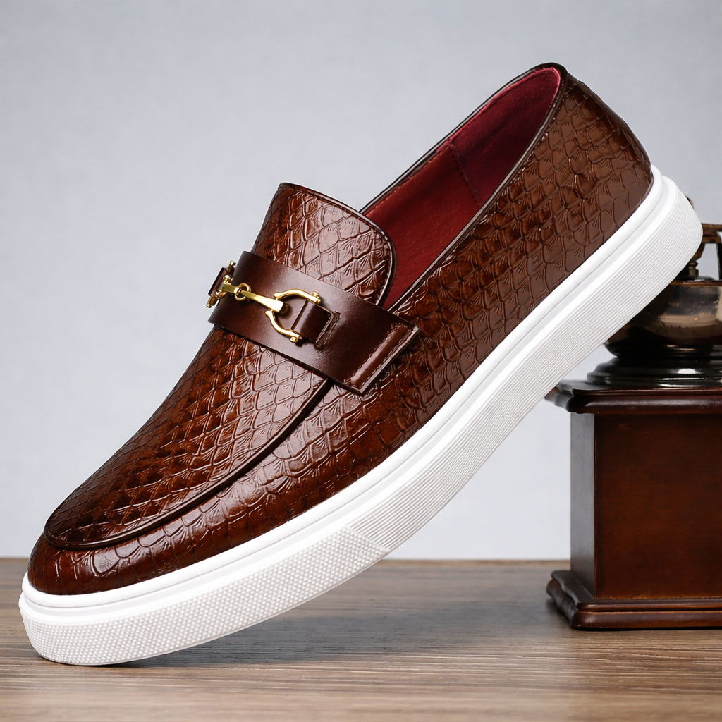 Mocassini uomo slip-on neri con morsetto dorato. Stile elegante e casual per comfort quotidiano.