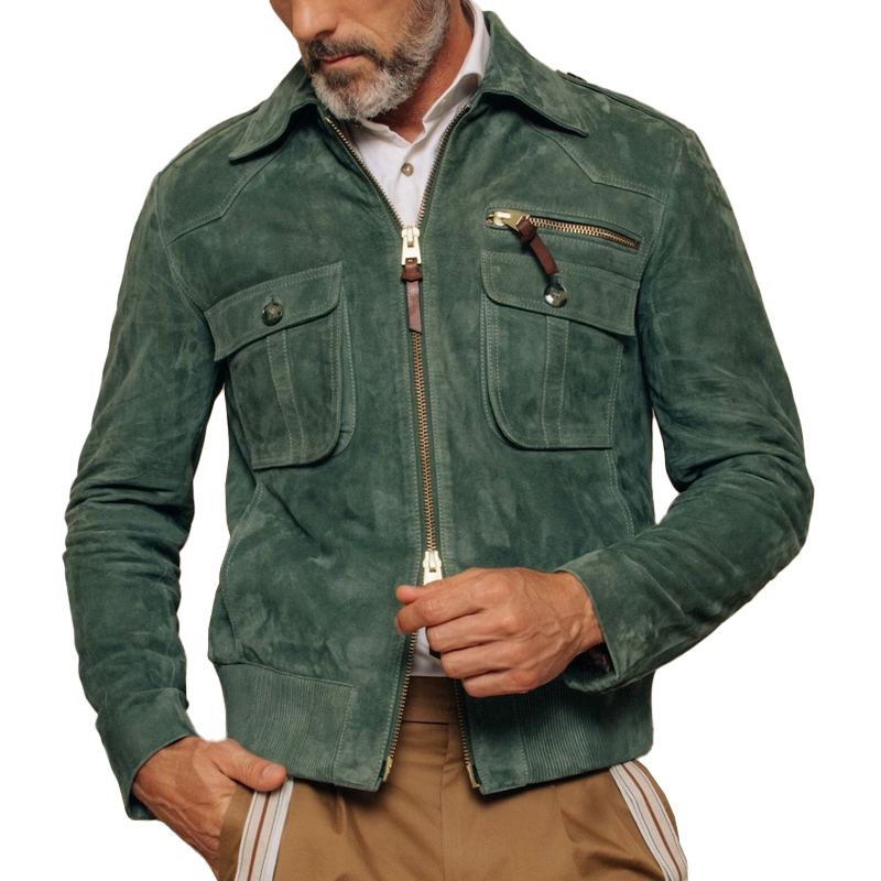Giacca bomber uomo elegante con colletto a punta e tasche sul petto. Perfetta per look smart casual.