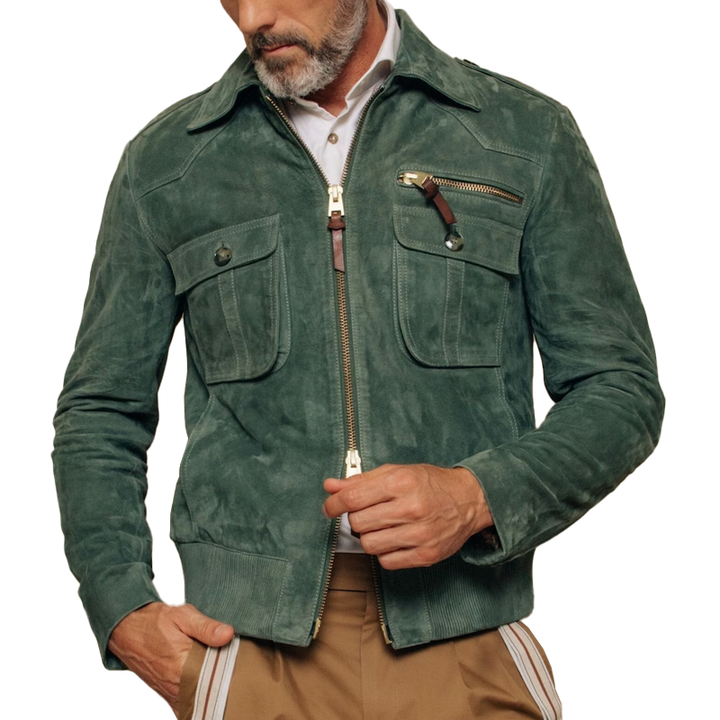 Giacca bomber uomo elegante con colletto a punta e tasche sul petto. Perfetta per look smart casual.