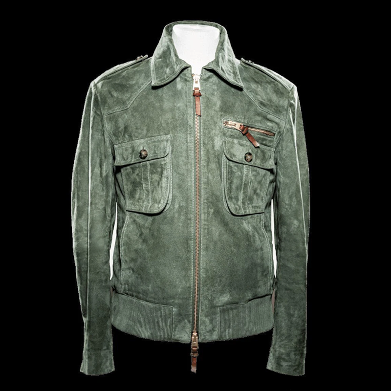 Giacca bomber maschile con colletto a punta, tasche funzionali sul petto. Eleganza e praticità per uomo.