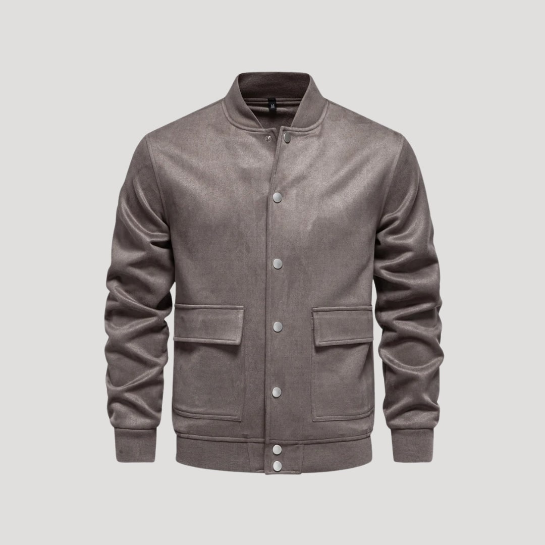 Giacca bomber da uomo nera con bottoni a pressione e finiture a costine, look casual ed elegante.