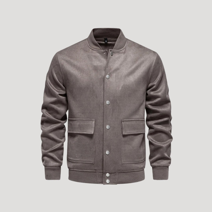 Giacca bomber da uomo nera con bottoni a pressione e finiture a costine, look casual ed elegante.