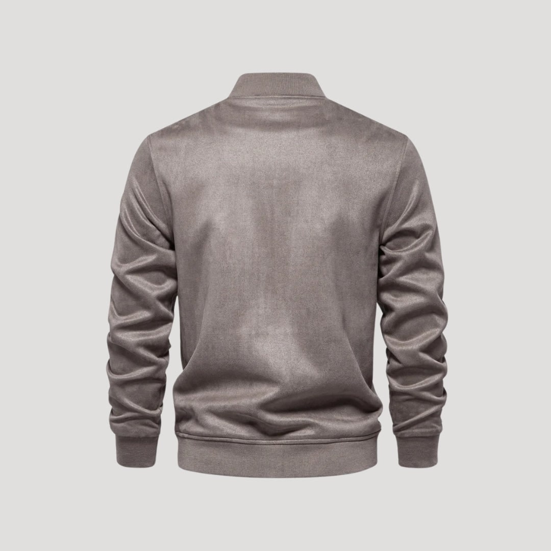 Bomber uomo versatile con bottoni a pressione metallici e dettagli a costine, perfetto per la moda maschile.