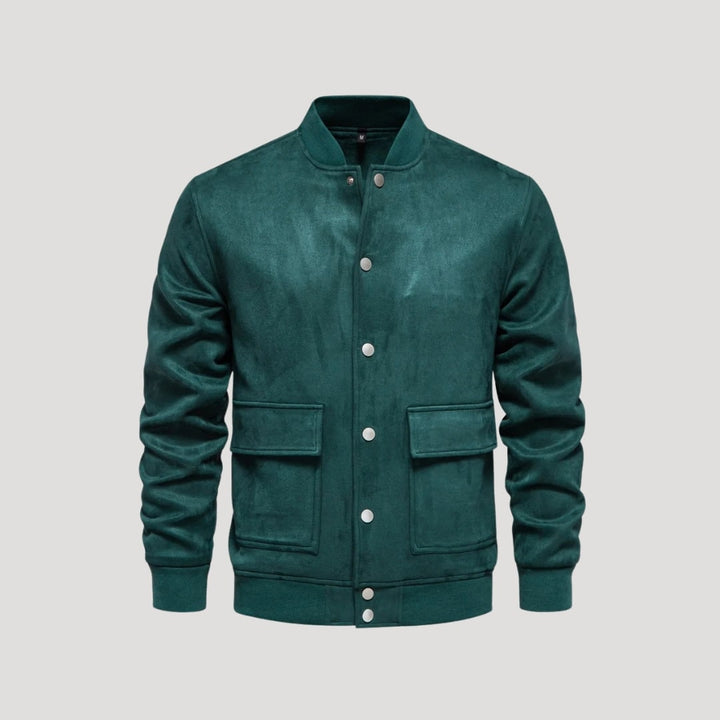 Giacca uomo bomber con chiusura a bottoni a pressione e dettagli a costine, un classico dell'abbigliamento maschile.
