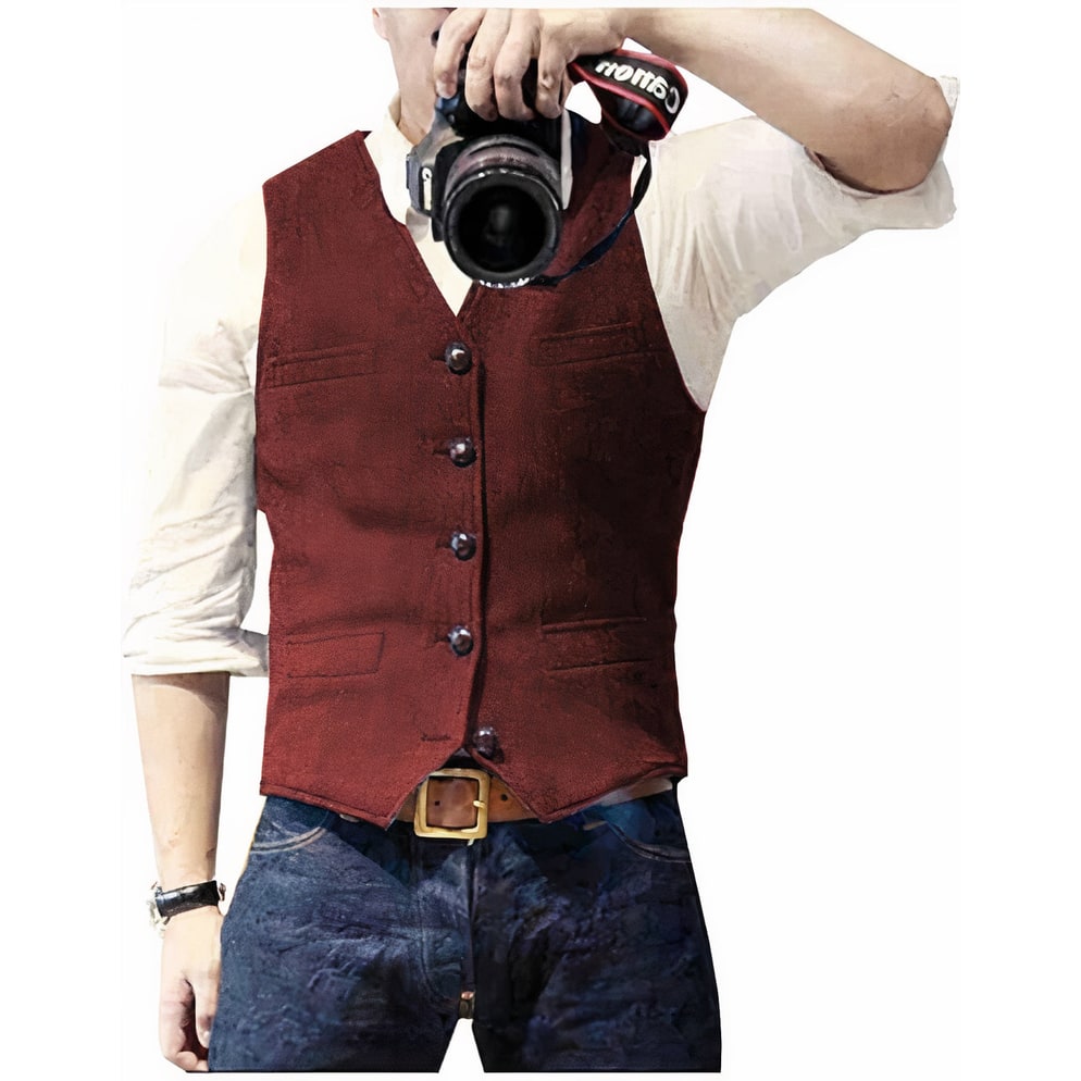 Gilet moderno da uomo slim fit, con texture raffinata, bottoni e tasche, per un outfit elegante e contemporaneo.