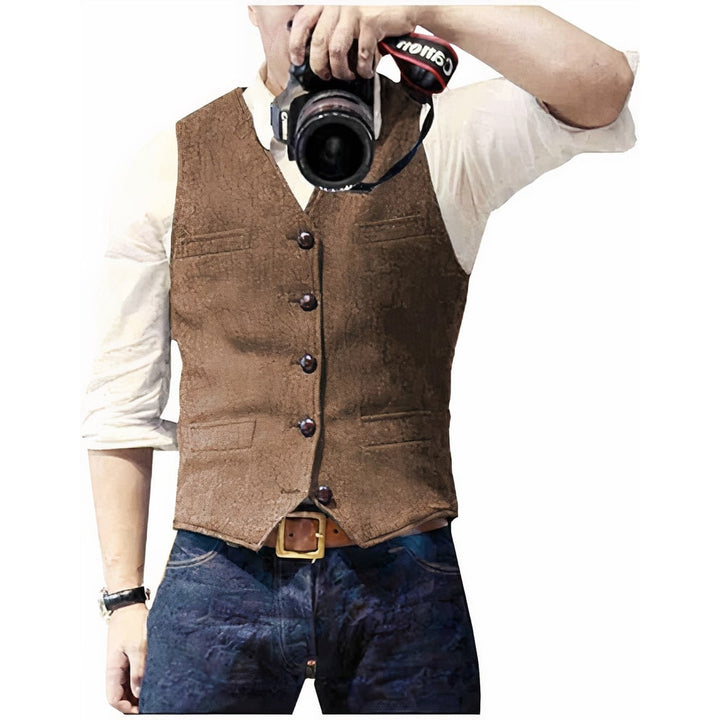 Gilet da uomo testurizzato slim fit, dotato di bottoni decorativi e tasche pratiche, per un tocco di classe.