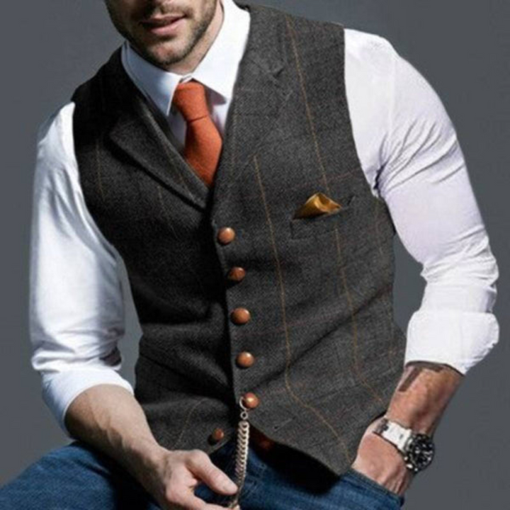 Retro di gilet da abito uomo slim fit. Regolabile per vestibilità perfetta. Fantasia scozzese su tessuto elegante.