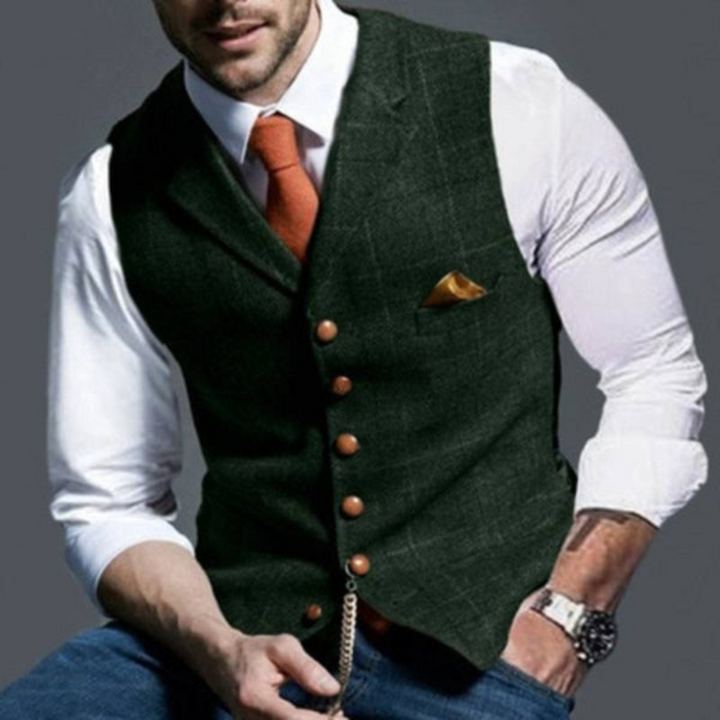 Gilet da abito uomo slim fit in fantasia scozzese, con revers eleganti. Un capo di sartoria essenziale per ogni uomo.