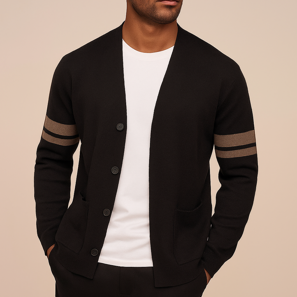 Elegante cardigan uomo lavorato a maglia, perfetto per primavera e autunno, con dettagli a strisce.