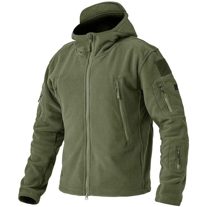 Giacca antivento uomo tattica con cappuccio regolabile, cerniera, tasche con zip, ideale per outdoor.