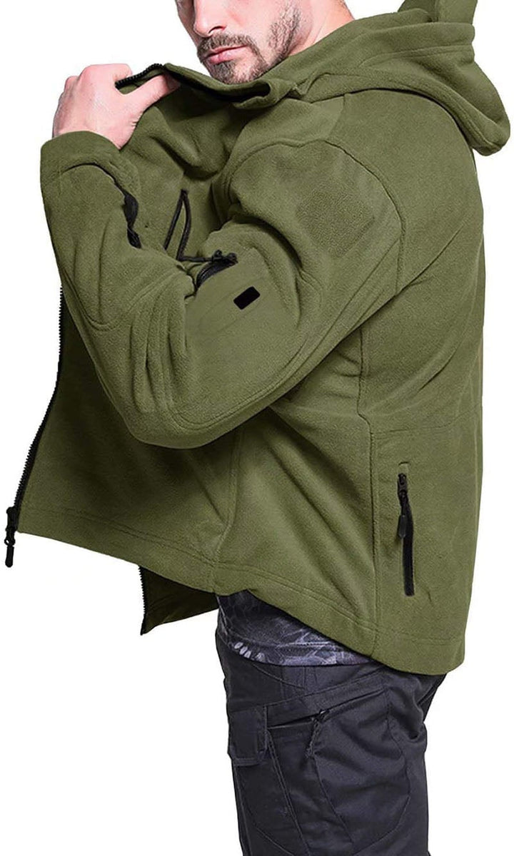 Giacca tattica da uomo con cappuccio, antivento, tasche sicure, design funzionale per escursionismo.