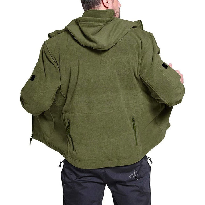 Versatile giacca tattica uomo con cappuccio antivento, tasche, adatta per outdoor, campeggio e casual.
