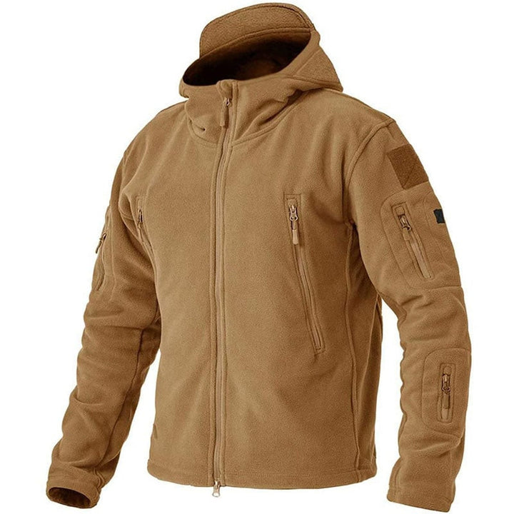 Comoda giacca tattica da uomo con cappuccio e tasche, design antivento, cerniera intera per comfort.