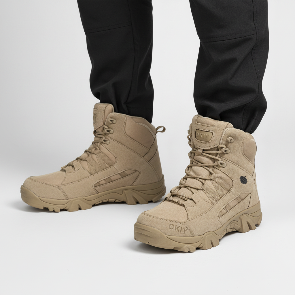 Stivali outdoor uomo robusti e impermeabili, con punta rinforzata, ideali per trekking e avventure.